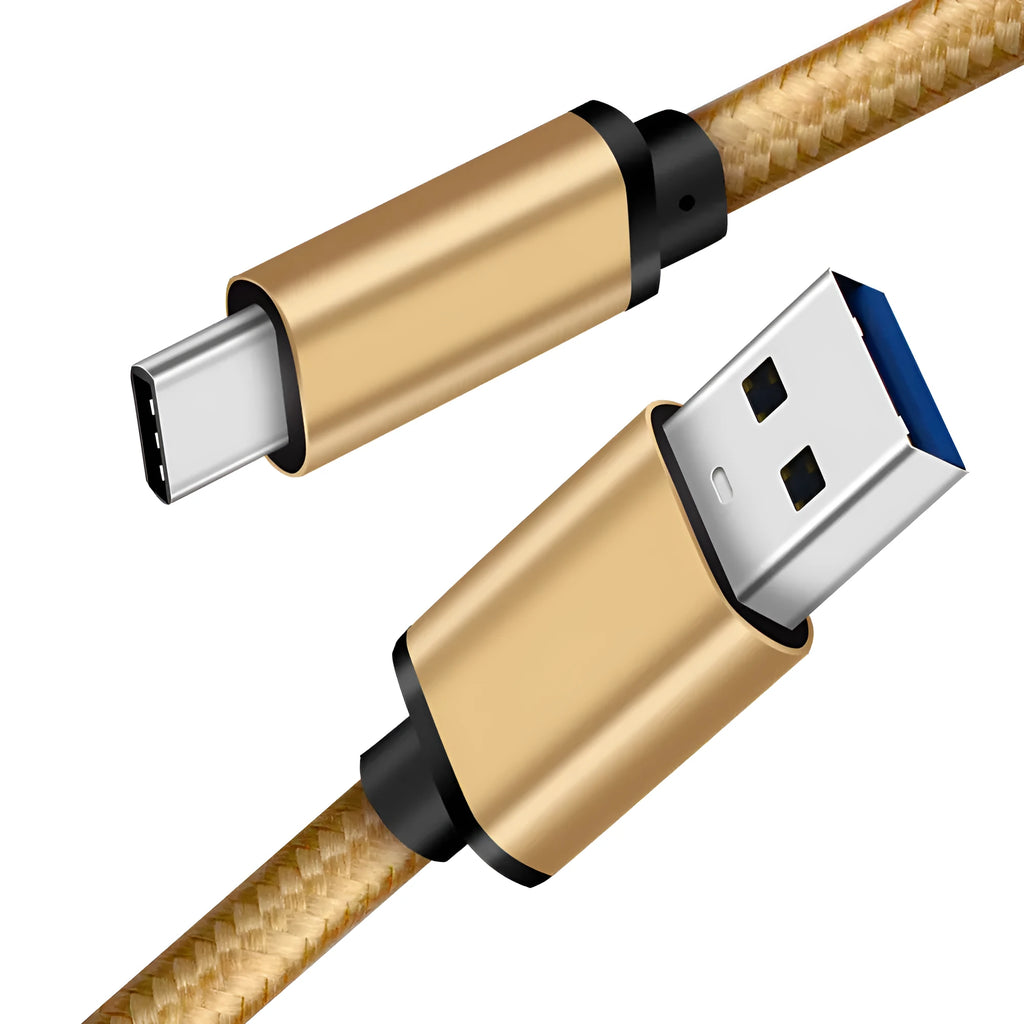 USB 3.0 to USB-C charging cable with braided wire mesh and metal connectors in metallic finish