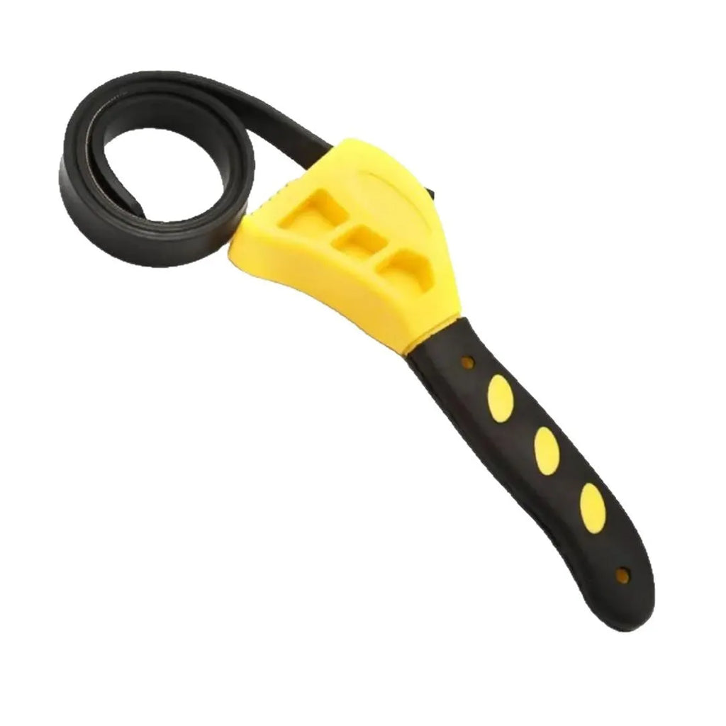 Set of two adjustable rubber strap wrenches, 6-inch and 8-inch sizes, on a workshop bench.