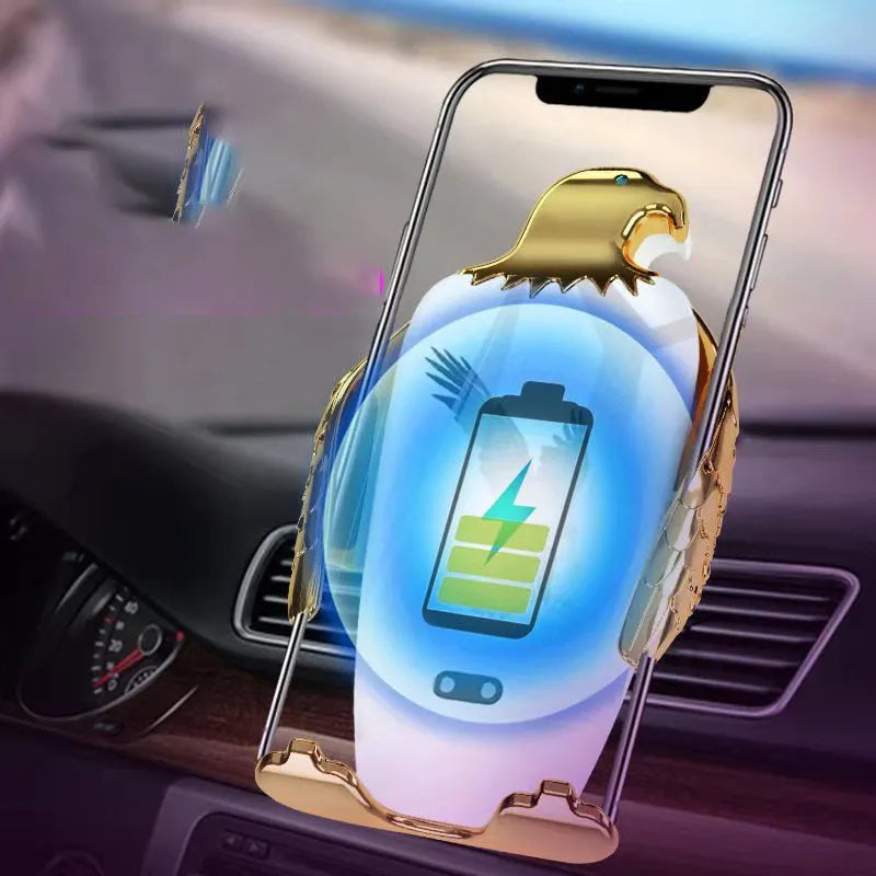 Eagle style car phone holder with wireless charging base and snap-on suction cup mount in black and gold colour.