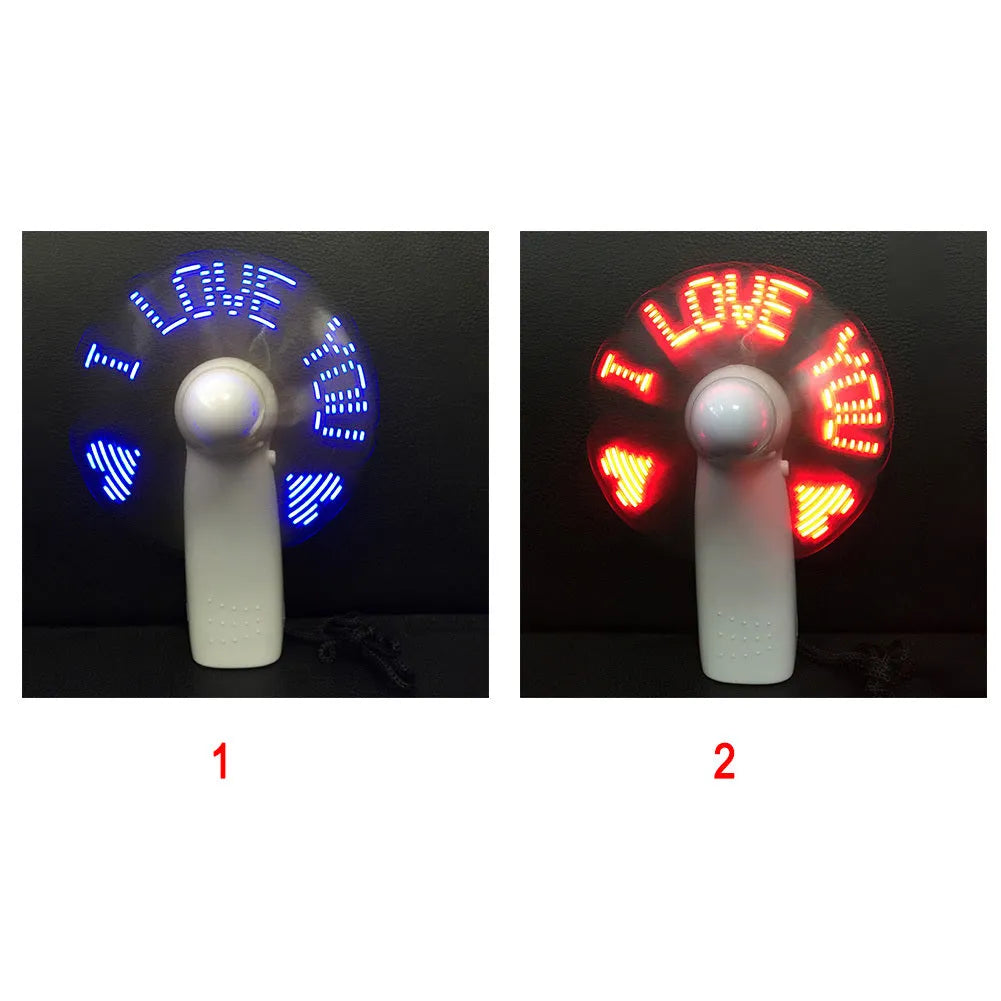 White handheld mini fan with blue and red LED lights flashing I love you pattern