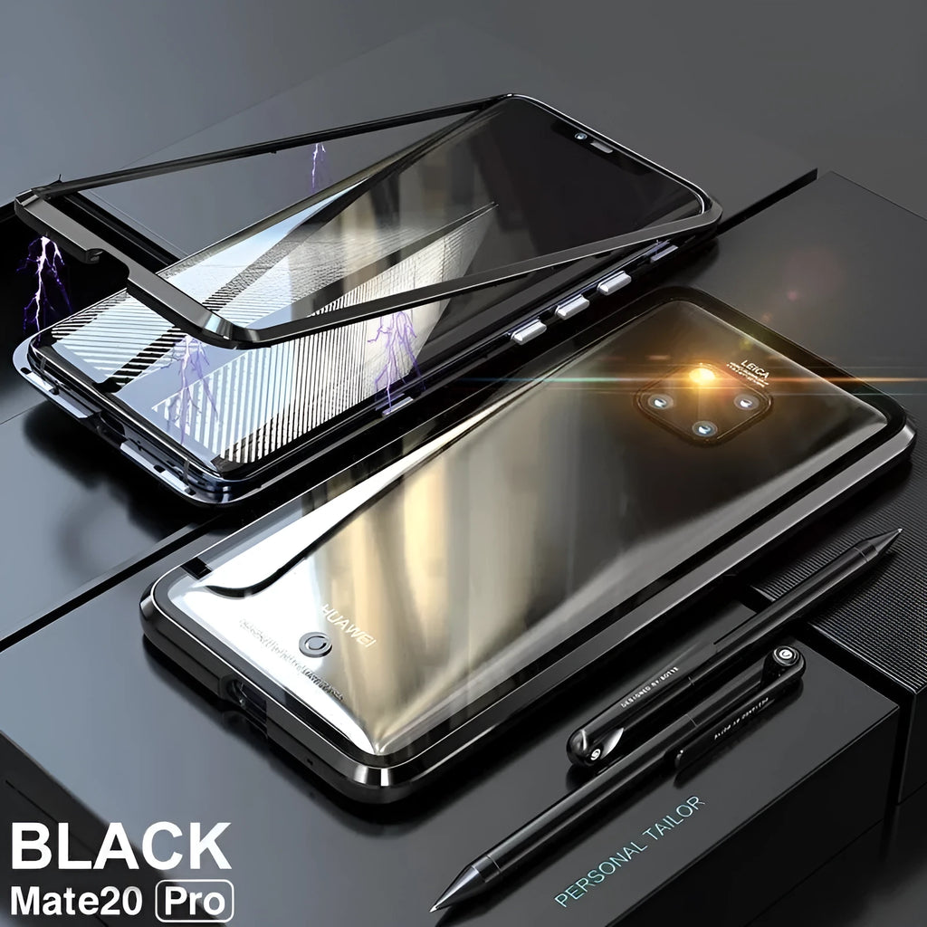 Metal magnetic phone case with tempered glass back for Huawei and Honor smartphones
