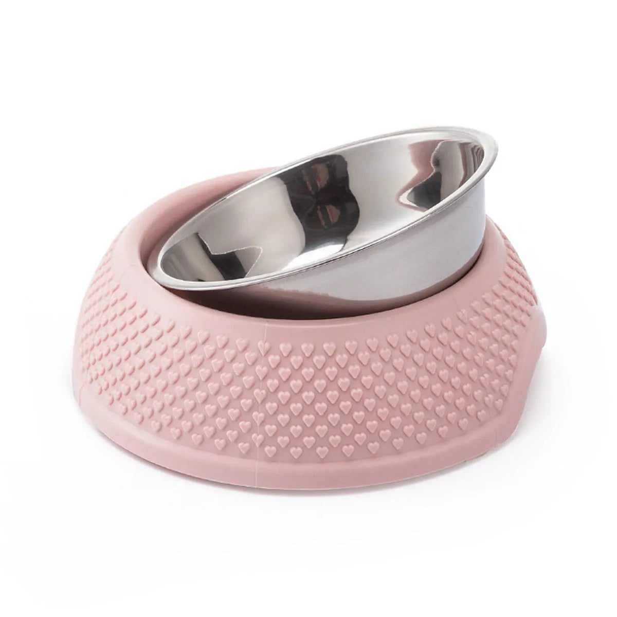 Blue stainless steel pet bowl with non-slip base on a floor