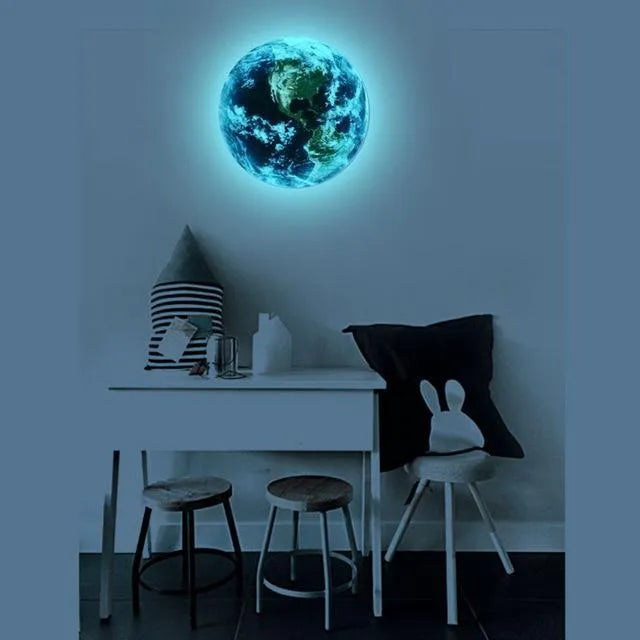 Glow in the dark 3D Earth wall sticker showing luminous planet design in three available sizes