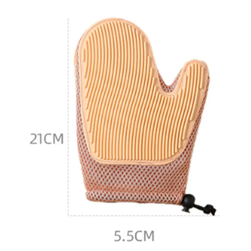 Right-hand pet grooming glove for removing dog and cat hair from coats and household fabrics.