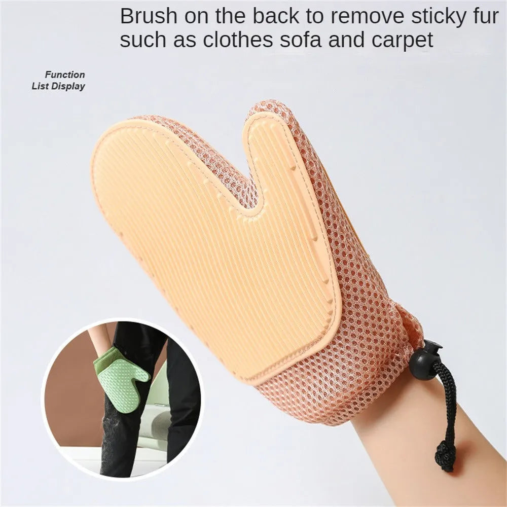 Right-hand pet grooming glove for removing dog and cat hair from coats and household fabrics.