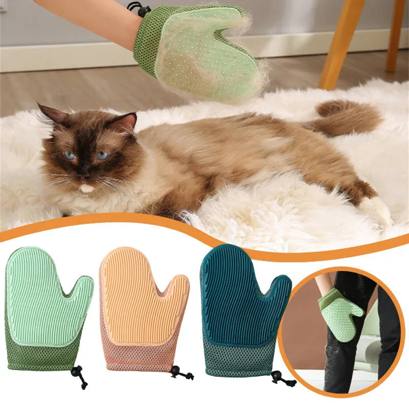 Right-hand pet grooming glove for removing dog and cat hair from coats and household fabrics.