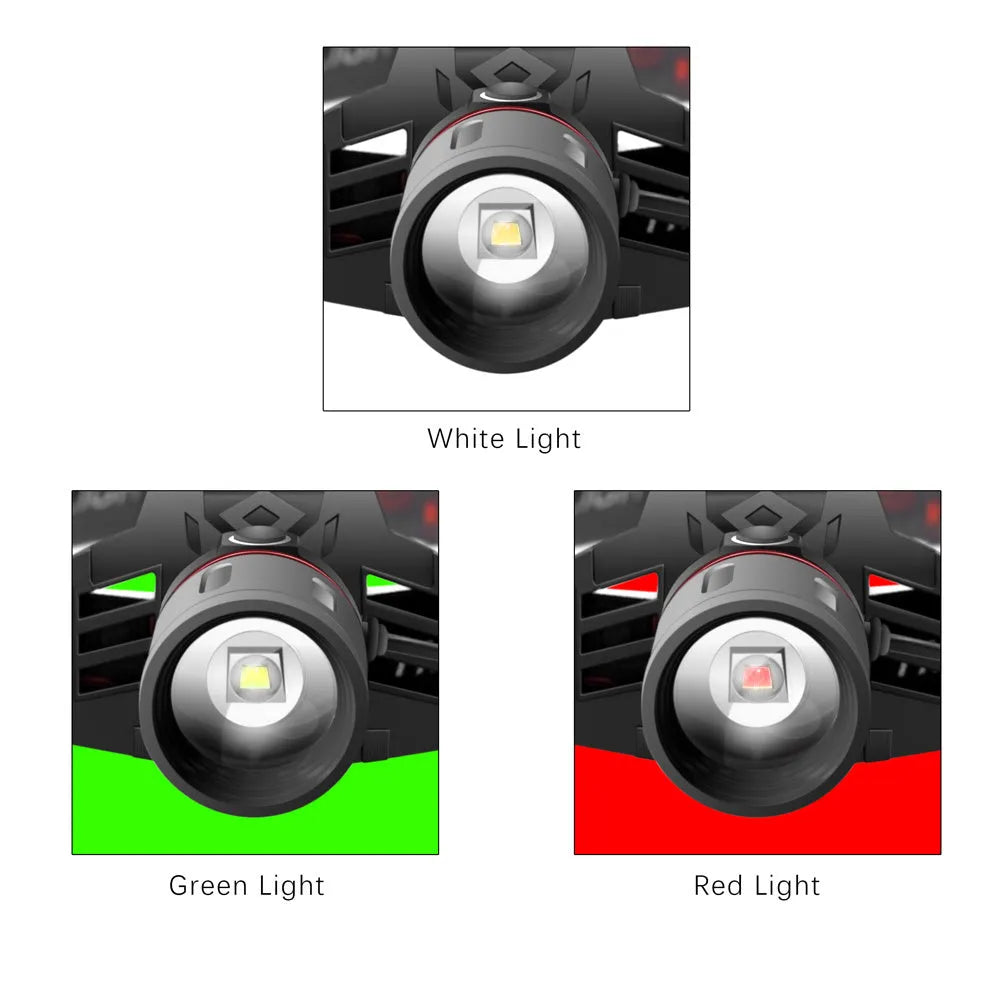 T6 LED headlamp with zoomable focus showing white, red, and green light options on an adjustable headband.