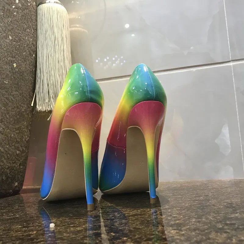 Rainbow patent leather women's ultra-high heel stiletto shoes with pointed toe