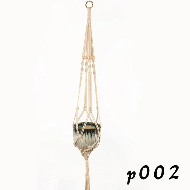 Cotton rope woven wire basket planter shown in desktop, wall hanging, and hanging configurations