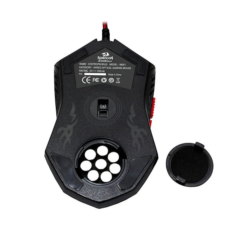 Black and red USB wired gaming mouse with ergonomic shape on a mouse mat.