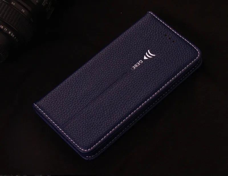 PU leather wallet phone case for iPhone with card slots in black, blue, brown, khaki, or pink
