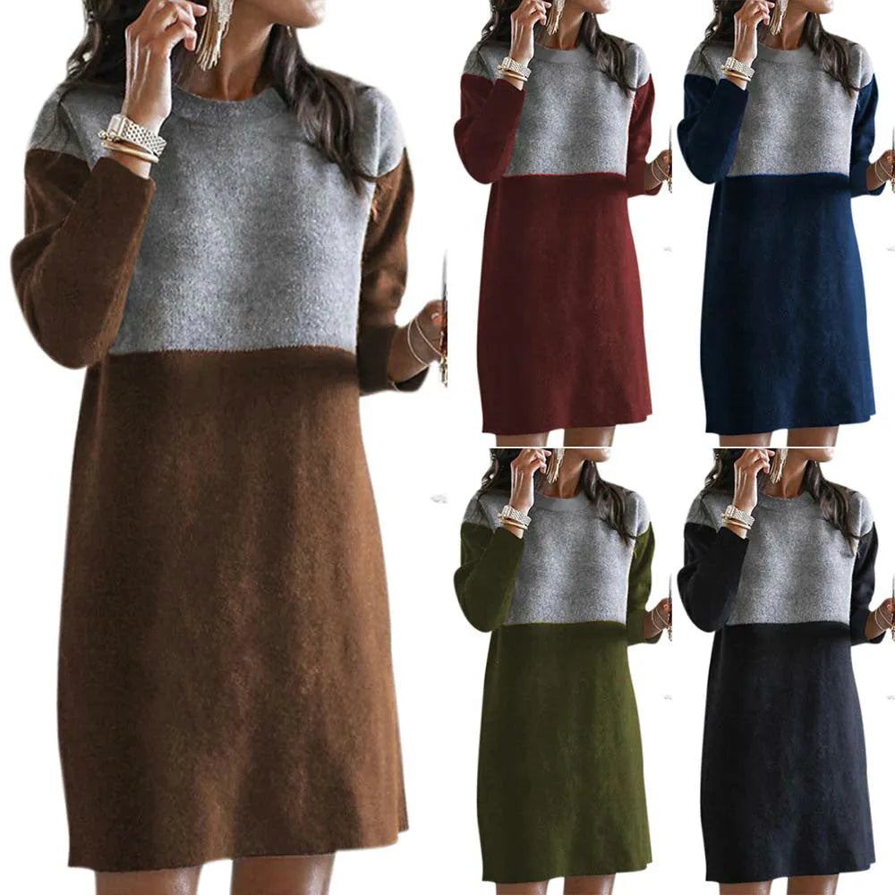 Brown women's polar fleece dress with patchwork collar detail and long sleeves