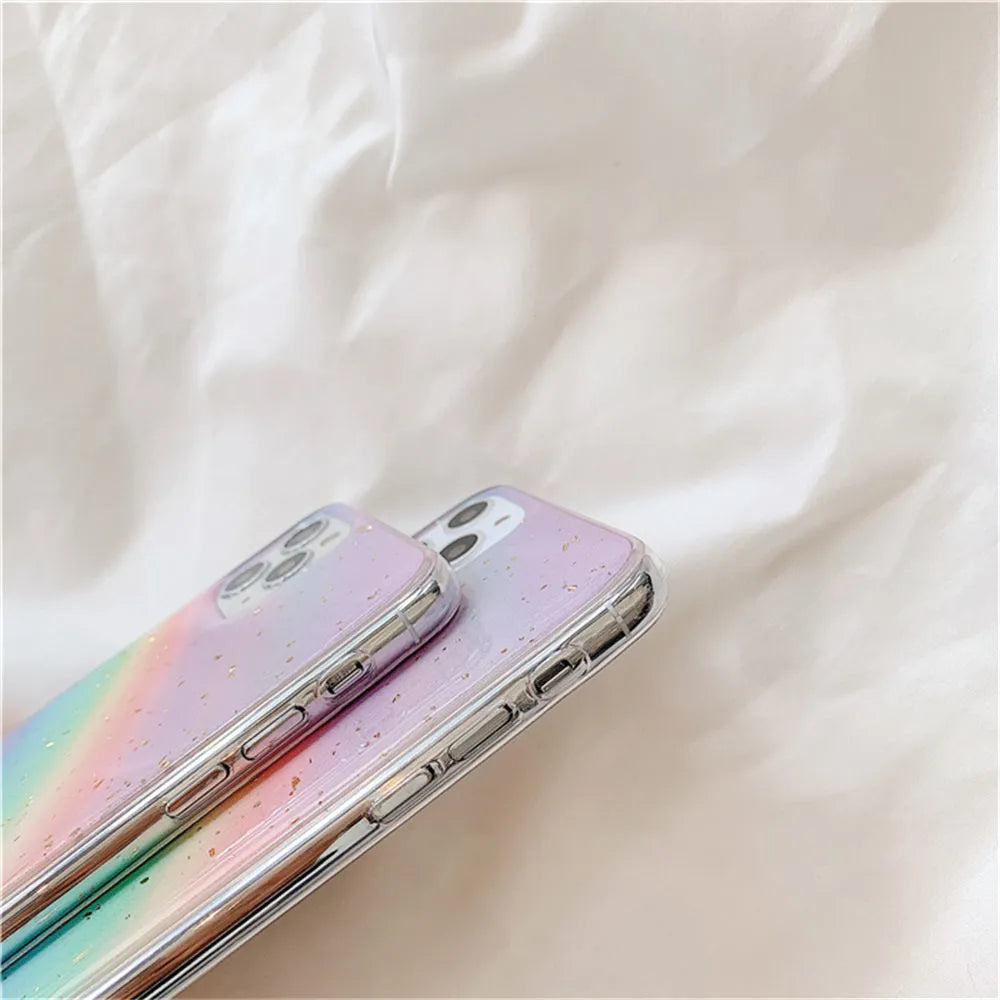 Rainbow colour gradient stripe pattern on a flexible TPU protective case for an iPhone.