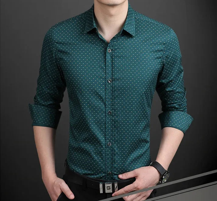 Men's long sleeve polka dot shirt in navy blue, slim fit, sizes M-5XL, with shoulder and bust measurements shown.
