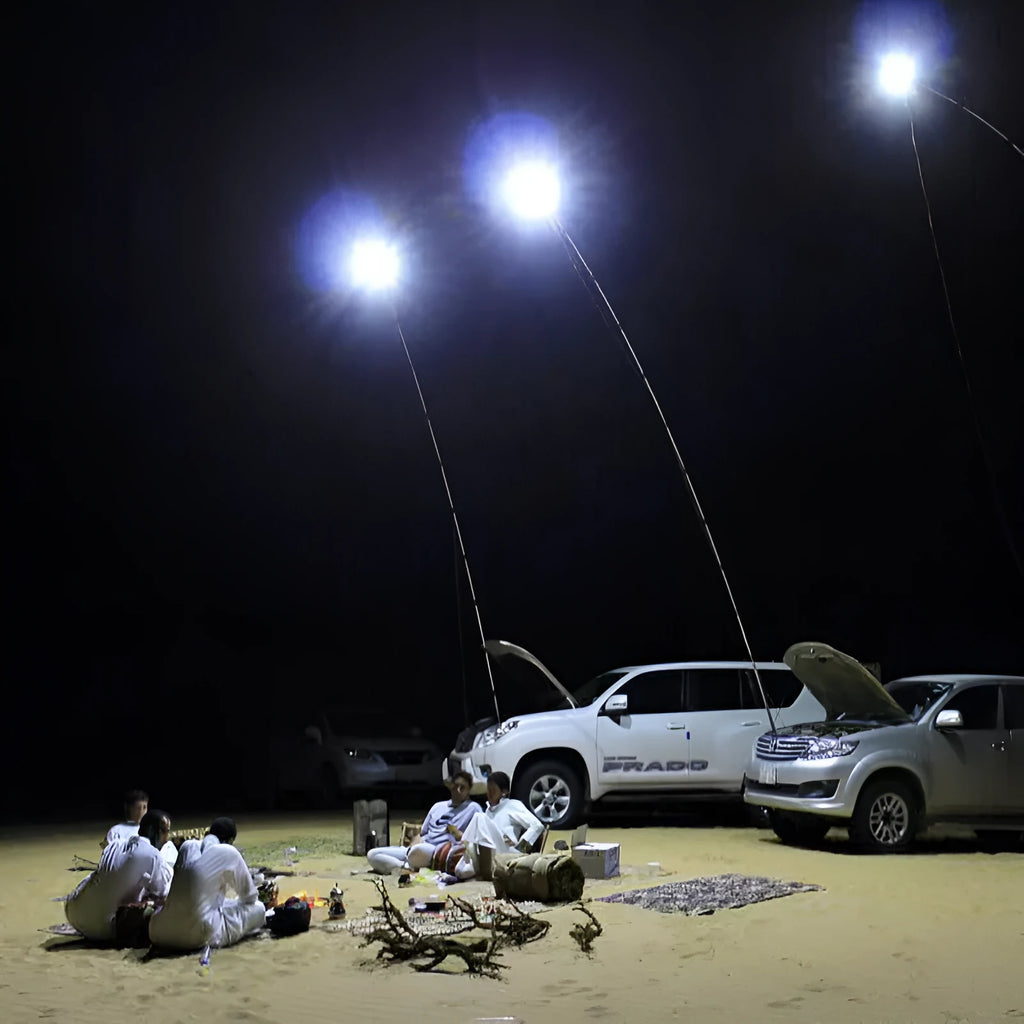 White LED fishing rod light mounted on telescopic pole with remote control for outdoor use