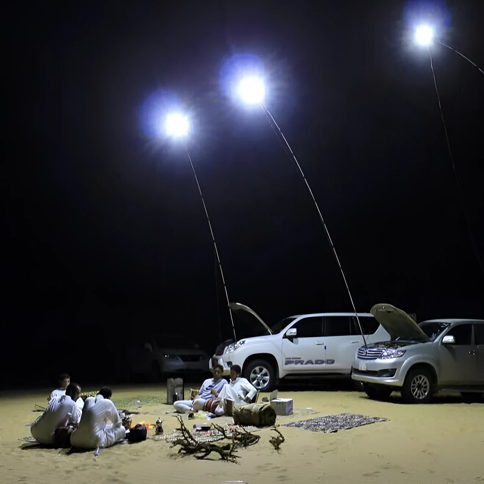 White LED fishing rod light mounted on telescopic pole with remote control for outdoor use