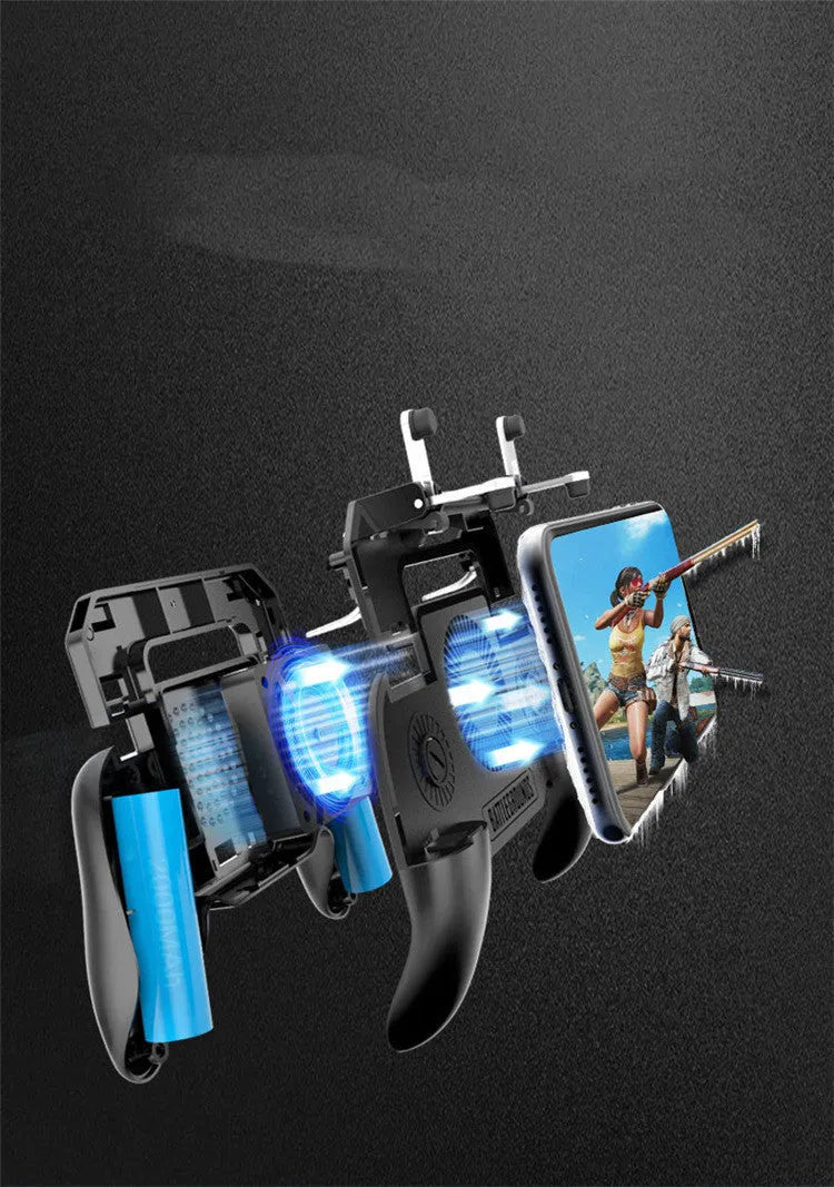 Black mobile game controller with USB cable, aluminium alloy trim, and dedicated grip buttons.