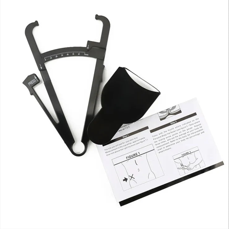 Black ABS body fat measuring calliper with measurement scale and cable
