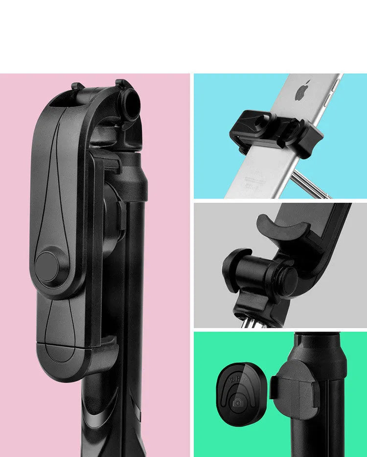 Black aluminium Bluetooth tripod selfie stand for iPhone with extended legs and remote control