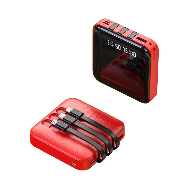 Black or red square mirror-finish power bank with integrated charging cable, 20000mAh capacity.