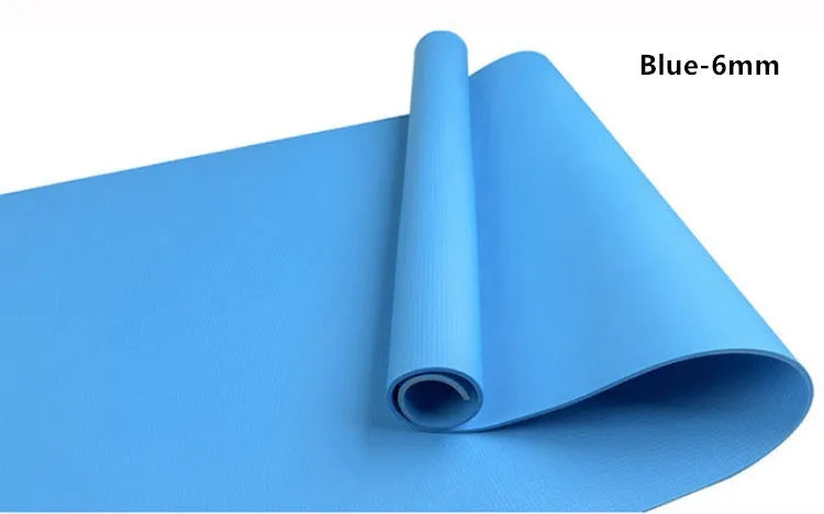 EVA yoga mat in blue showing textured anti-skid surface with thickness options
