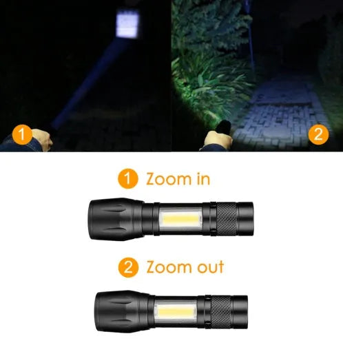 Black aluminium telescopic LED flashlight with zoom adjustment and clip for carrying