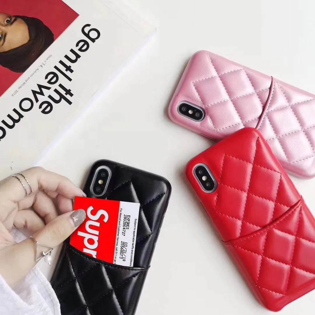 Leather iPhone case shown in black, pink, and red, compatible with XS Max, XR, X, 8, 7, and 6 models.