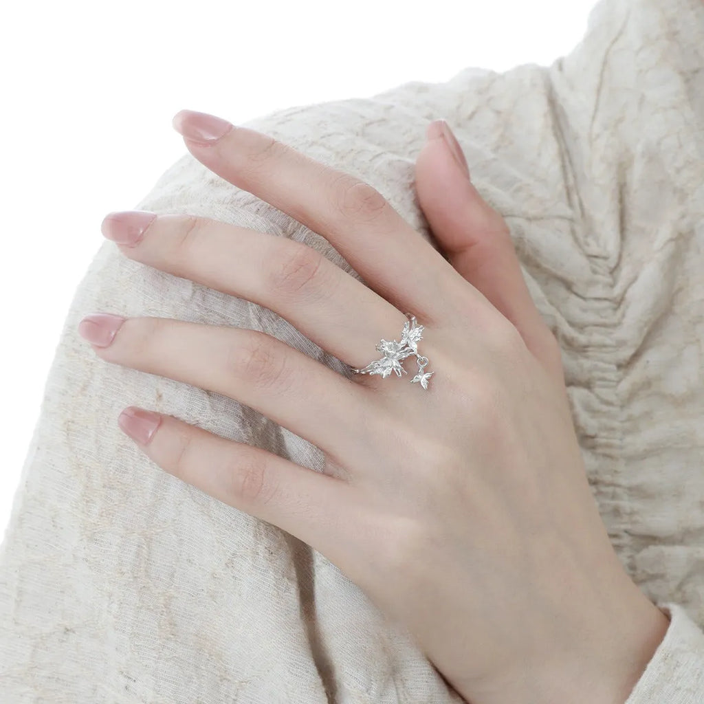 Women's adjustable silver butterfly ring with gold or white gold electroplating