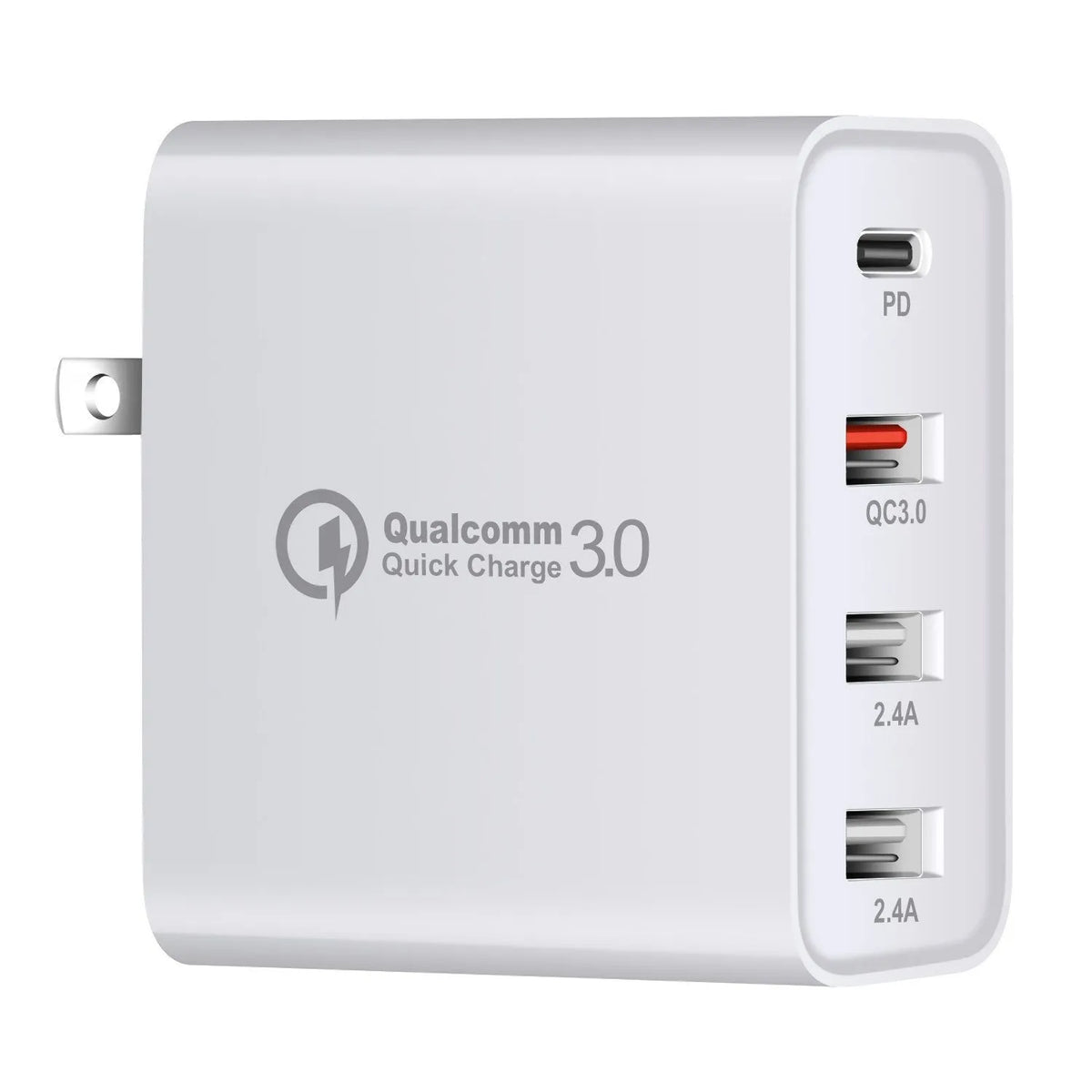 Black or white four-port USB-C charger with global plug options including AU, EU, UK, and US standards