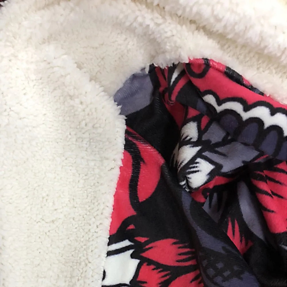 Round burrito blanket with coral fleece texture and food-themed print