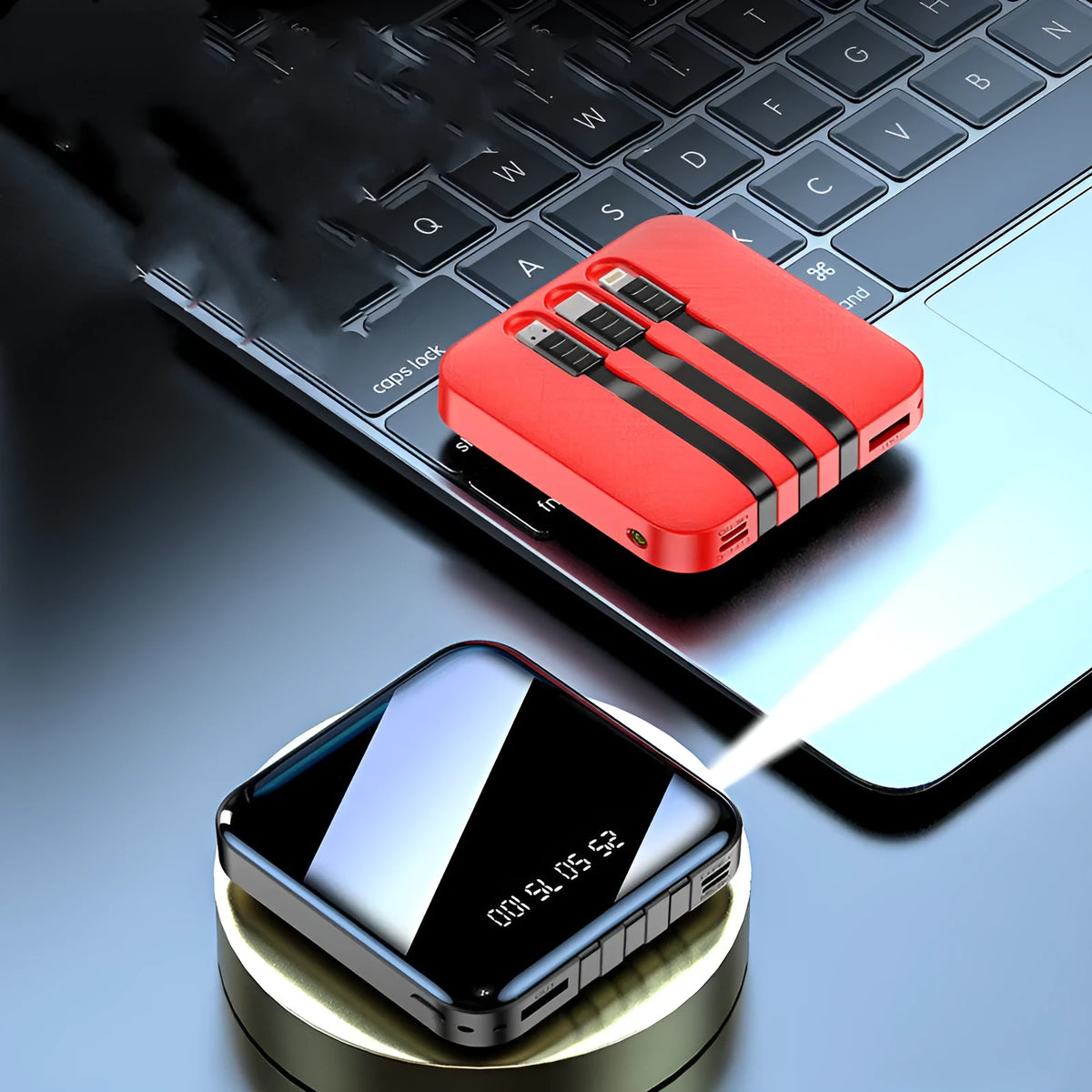 Black or red square mirror-finish power bank with integrated charging cable, 20000mAh capacity.