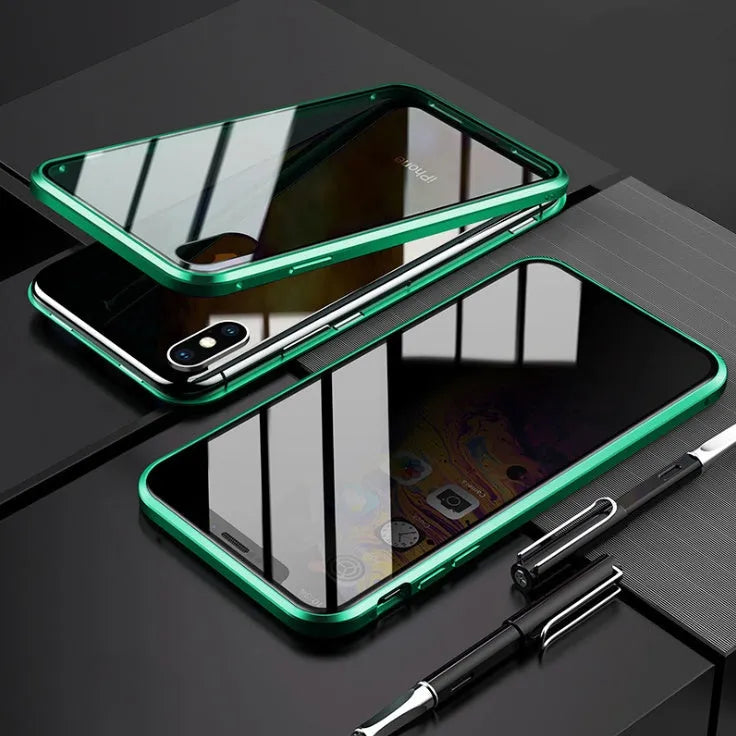Magnetic privacy phone case for Samsung Galaxy with double-sided glass construction in black colour