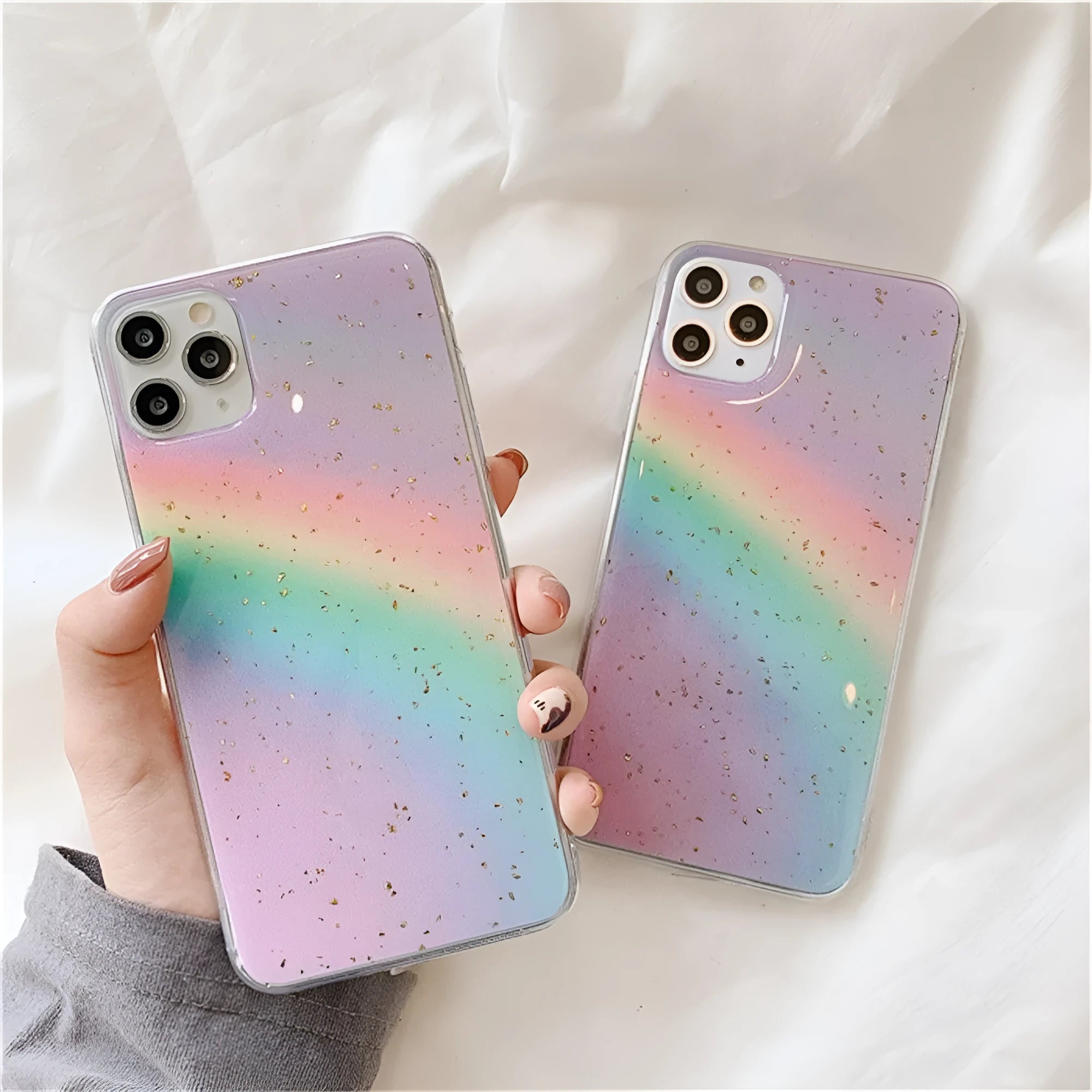 Rainbow colour gradient stripe pattern on a flexible TPU protective case for an iPhone.
