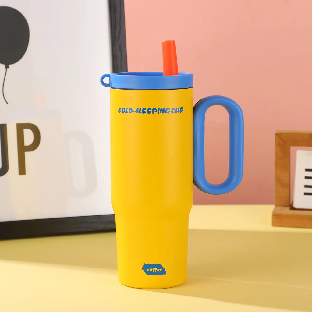 Portable plastic ice bucket with handle and large capacity, shown with a straw cup, for outdoor drink cooling.