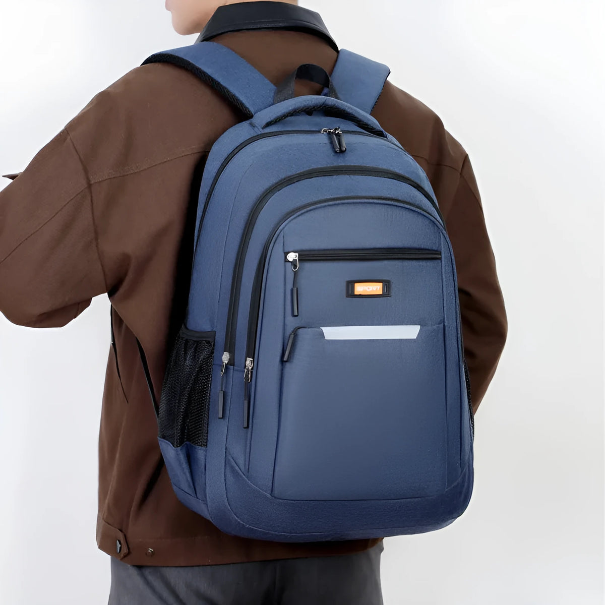 Men's casual Oxford cloth backpack in grey, shown alongside black, green, and blue colour options.