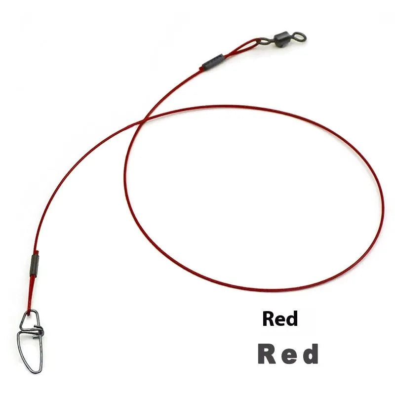 Set of ten green anti-bite steel wire fishing leaders with double buckle pins, each 54cm long.