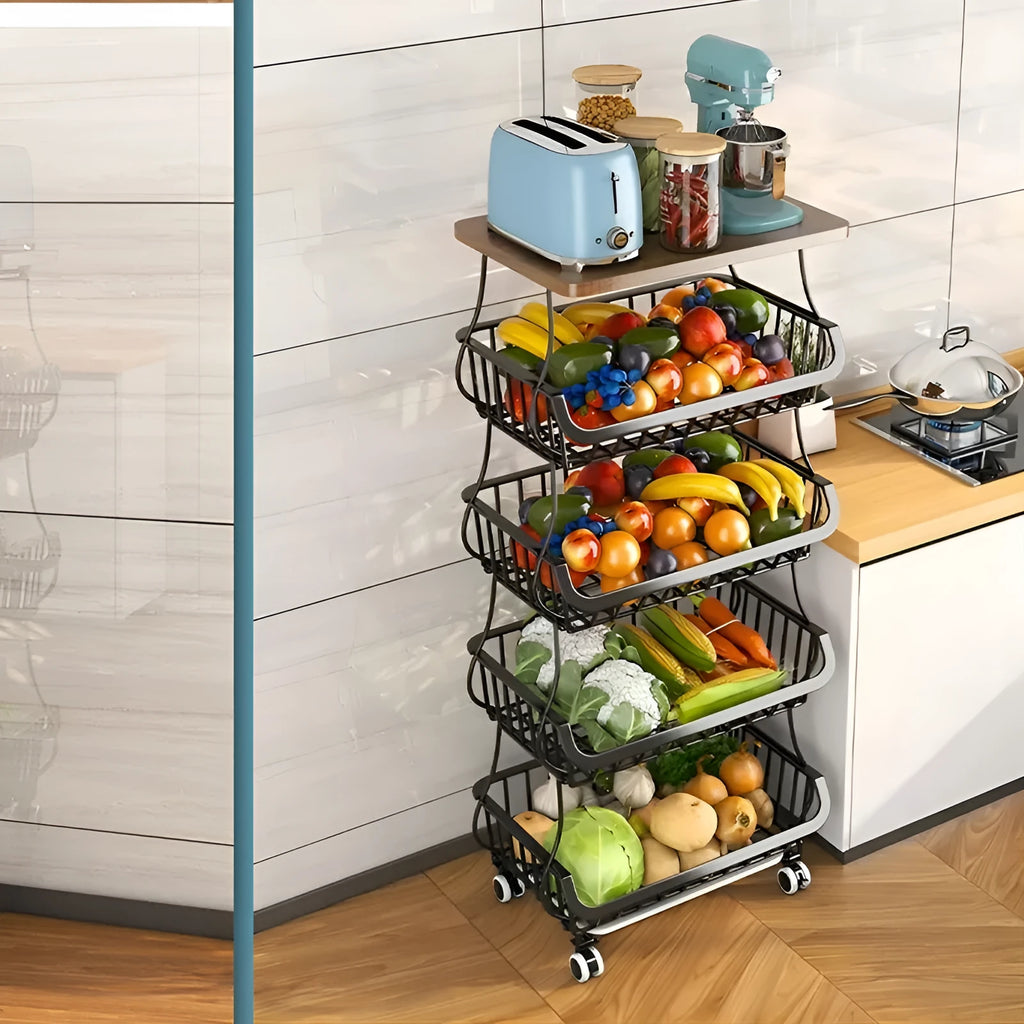 Black freestanding kitchen storage trolley with six shelves