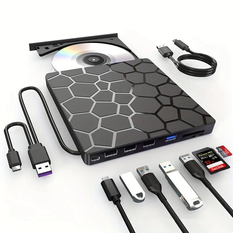 Black external USB CD DVD drive with compact dimensions for laptop and desktop computers
