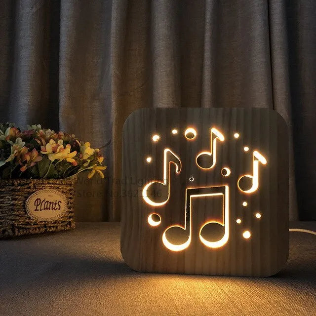 Wooden LED atmosphere light with warm white colour and USB cable, pine wood construction 19x19x3cm