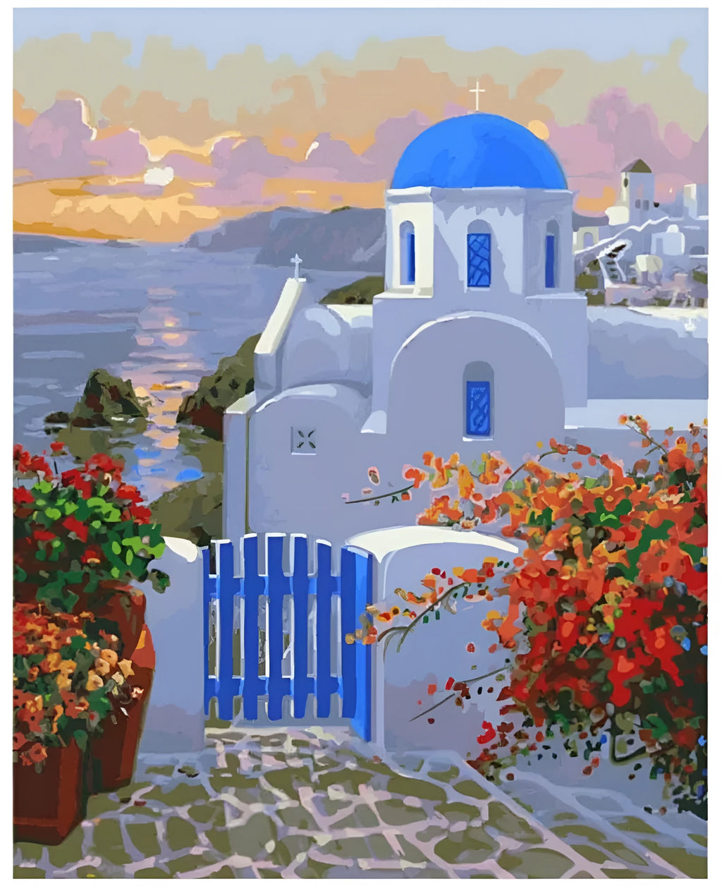 DIY digital oil painting kit showing sea view villa pattern on 40x50cm canvas with acrylic paints and brushes