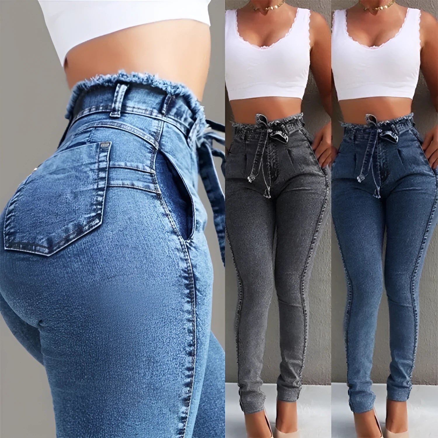 Women's fringed jeans with distressed hem in grey, dark blue, and light blue colours, showing five-pocket design and loose fit