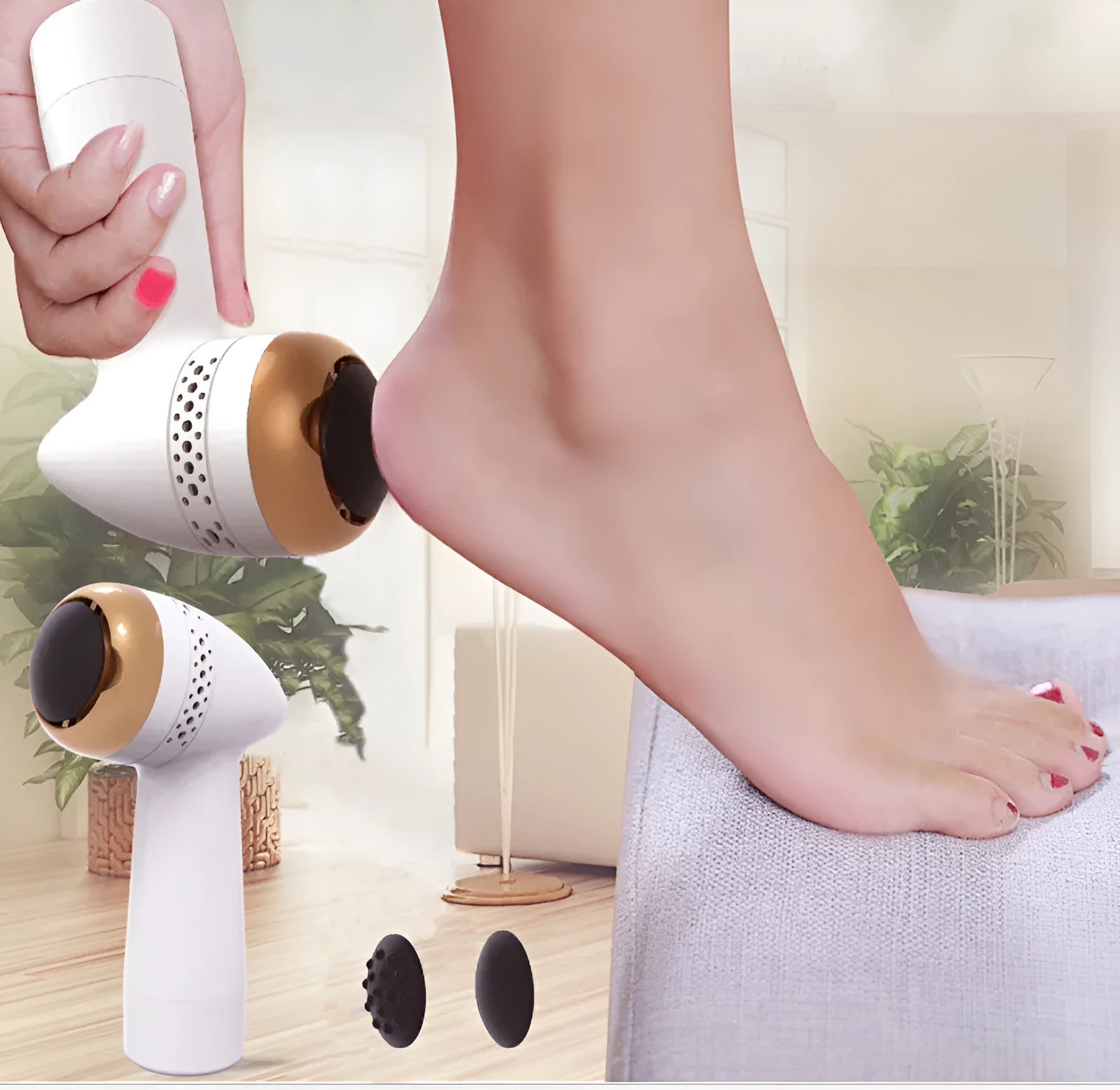 Electric vacuum foot grinder in metallic gold finish with a refined quartz grinding head.