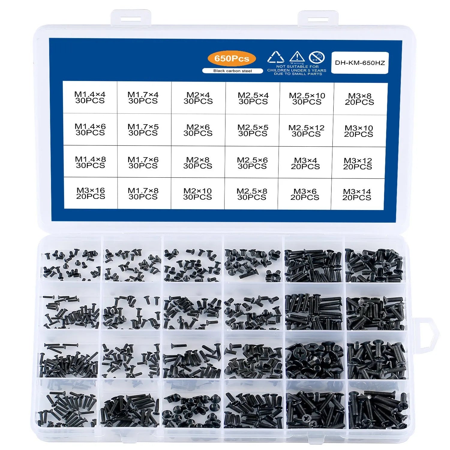 Black-plated laptop machine screws with flat countersunk head and cross-drive groove.