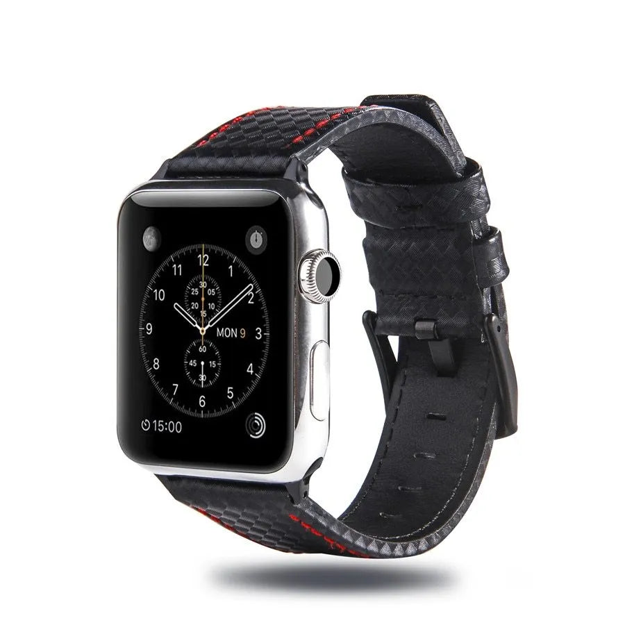Apple Watch compatible leather strap with carbon fibre pattern case in multiple colours