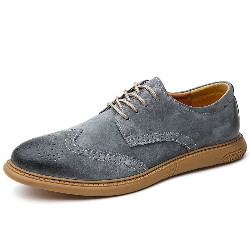 Men's black leather lace-up business shoes with a rubber sole and leather toe cap.