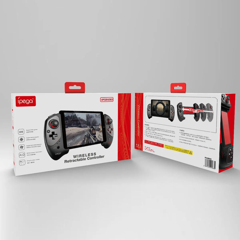 Red telescopic gamepad controller extended to hold mobile device with USB cable