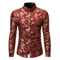 Man wearing a casual cardigan shirt with a digitally printed bronzing design on the lapel.