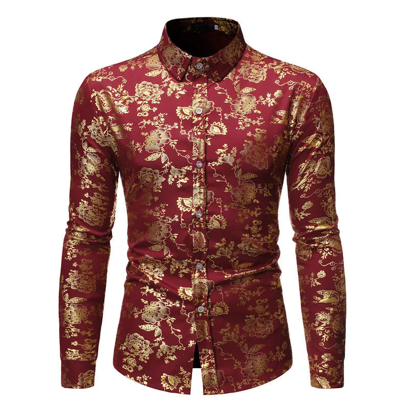 Man wearing a casual cardigan shirt with a digitally printed bronzing design on the lapel.