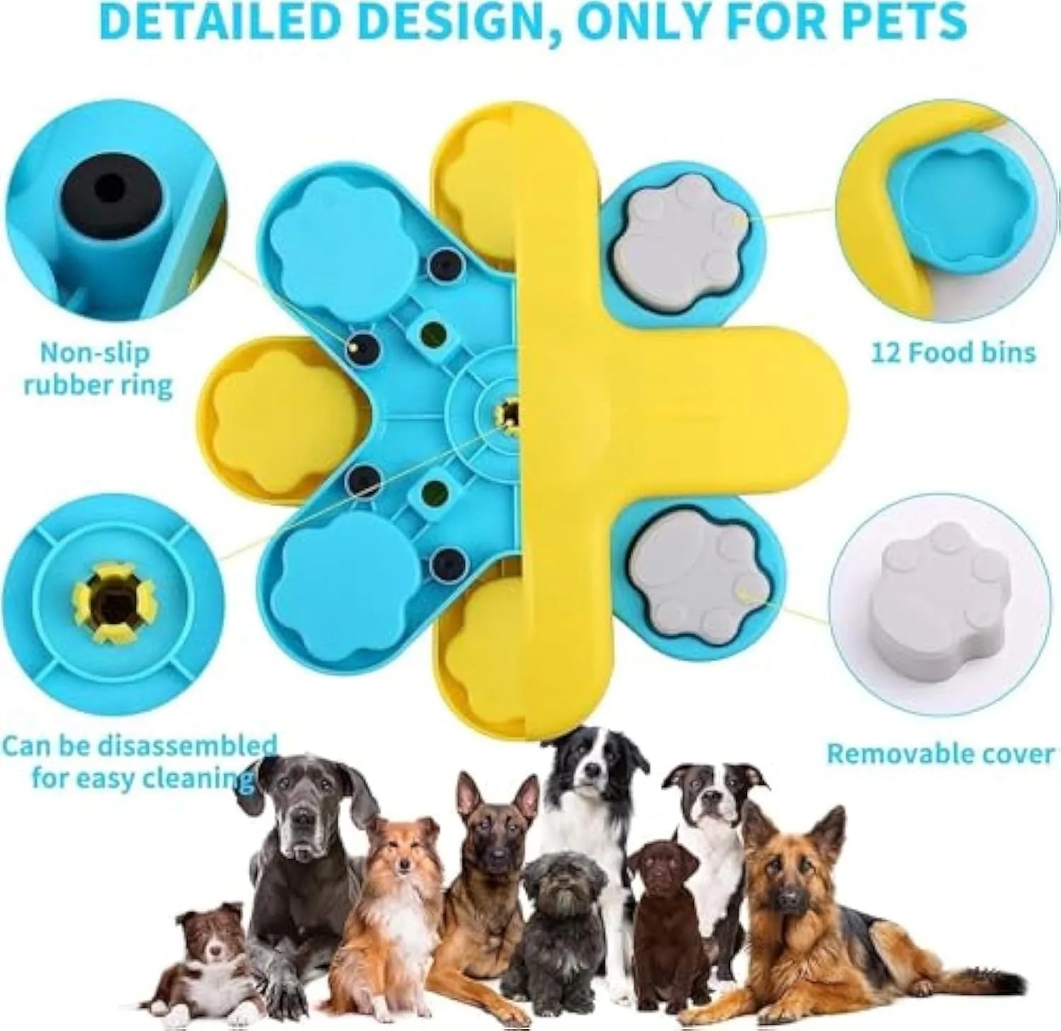 Yellow dog puzzle feeder toy with three rotating layers and claw-shaped lids