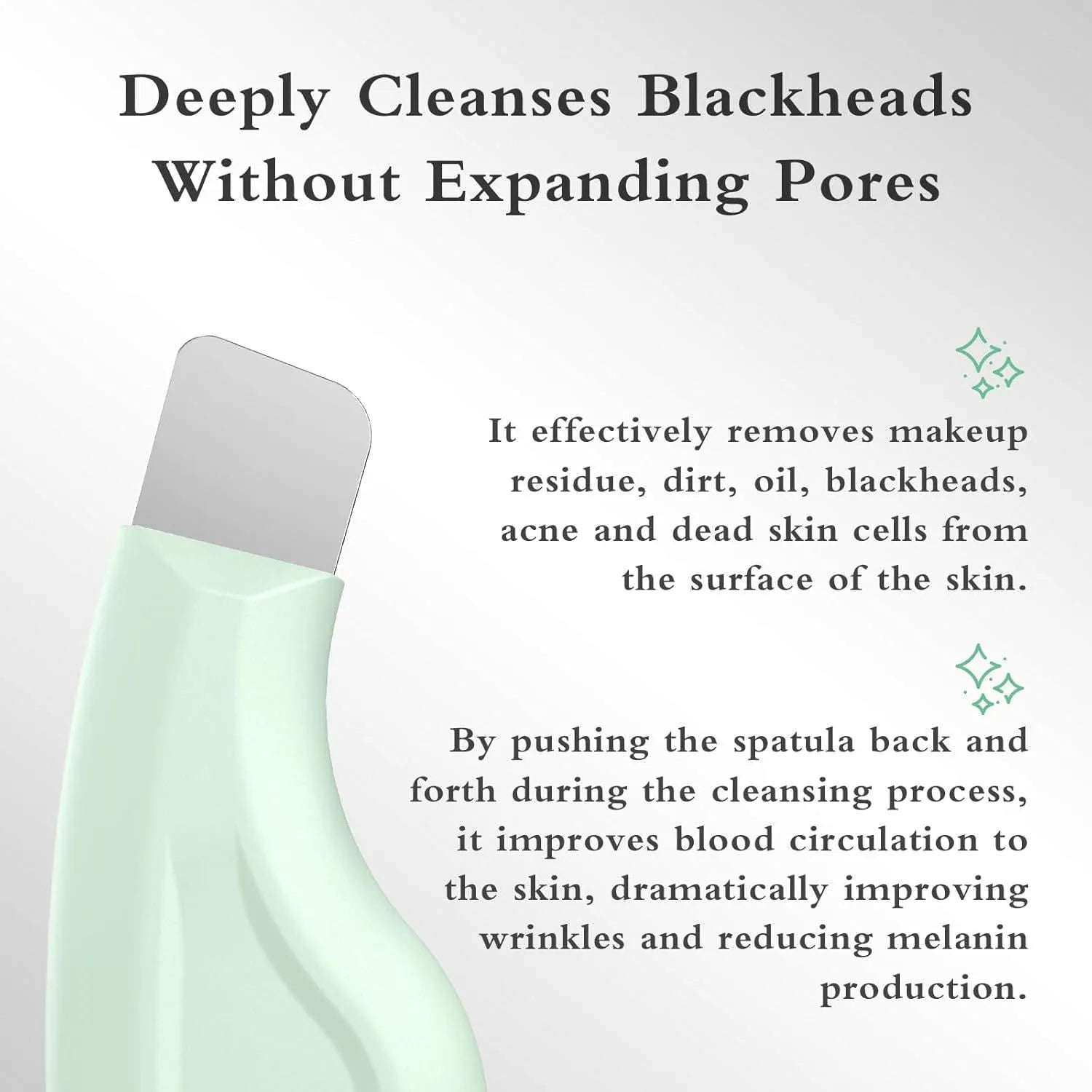 Green silicone-tipped stainless steel facial pore scraper tool with a non-slip handle.